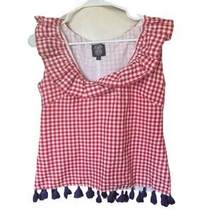Elizabeth Wilson Top Red Gingham Tassel Detail Ruffle Thick Knit Sleeveless S